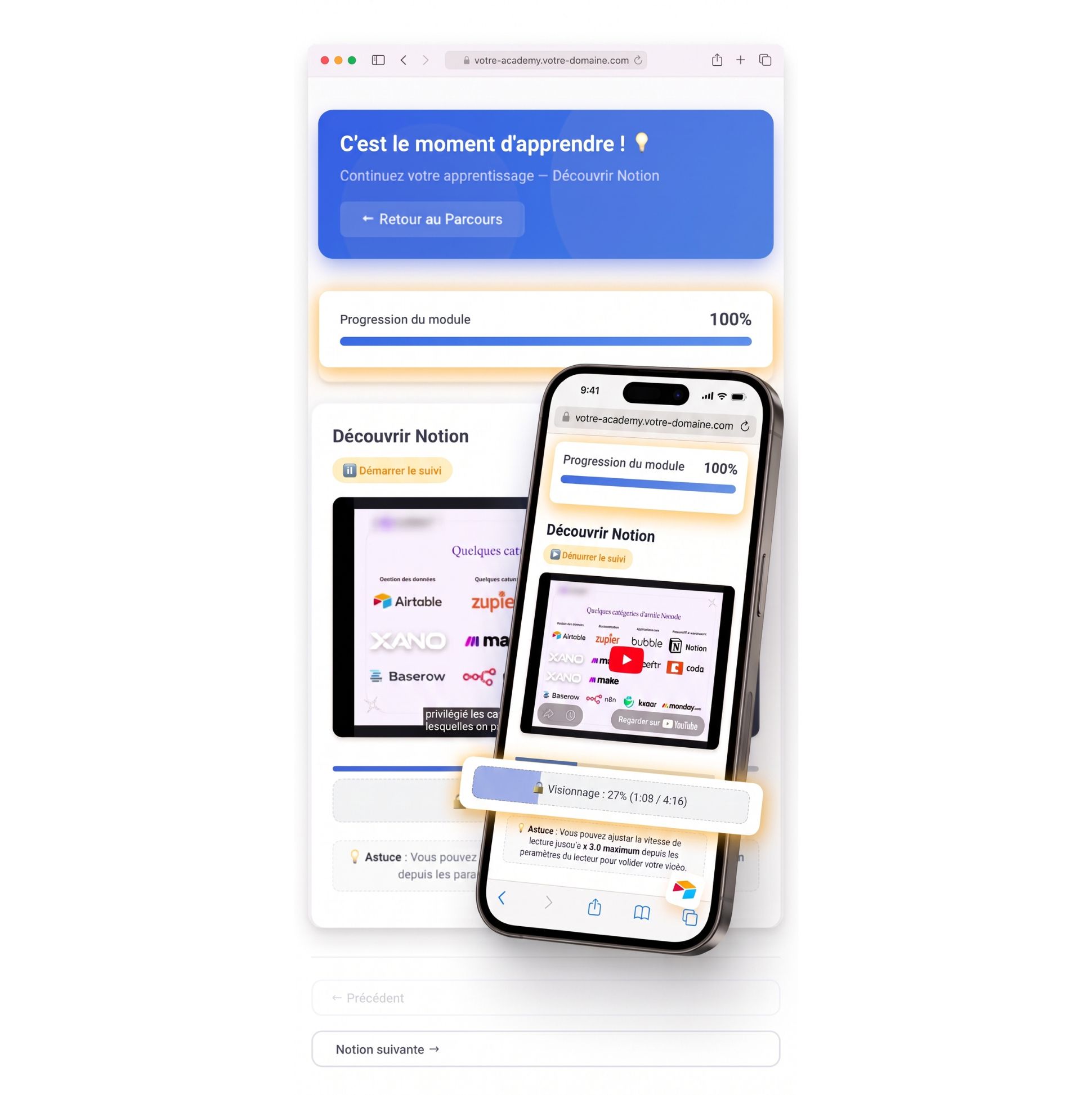 Aperçu de l'interface produit Kairion Tout-en-un - Formation, Tunnels & CRM IA